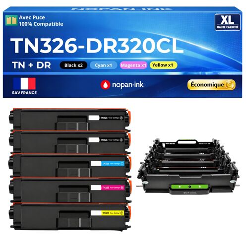 TN321 TN-321 TN326 TN-326 DR320CL Pack 5 4 Toners plus 1 Tambour Noir Cyan Magenta Jaune compatibles Brother 39500 pages