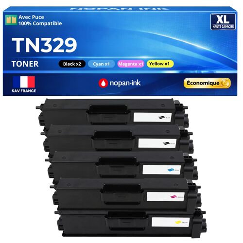 TN329 TN-329 Pack 5 Toners 2 Noir Cyan Magenta Jaune compatibles Brother DCP 9055CDN HL 4140CN avec puce rendement 18500 pages
