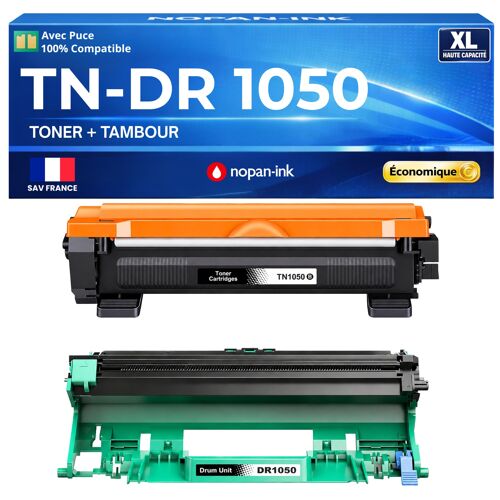 Pack Toner TN-1050 + Tambour DR-1050 compatible pour Brother Noirs Haute capacité avec puce 1000 10000 pages