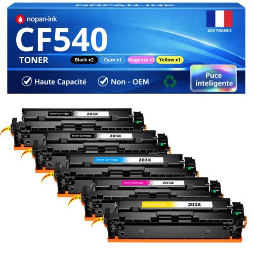 Pack 5 Toner 203A CF540A CF541A CF542A CF543A compatible pour HP M254 M280 M281 Noirs et Couleurs Haute capacité avec puce 1300 pages