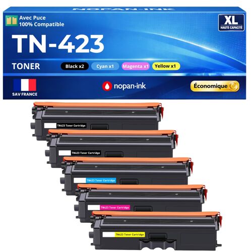 TN-423 TN423 TN-421 TN421 compatible Brother pack 5 toners 2 Noirs Cyan Magenta Jaune HL-L8360CDW avec puce