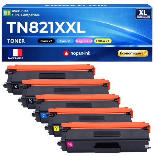 TN821XXL Pack 5 Toners Noir Cyan Magenta Jaune compatibles Brother HL-L9430CDN HL-L9470CDN MFC-L9630CDN avec puce