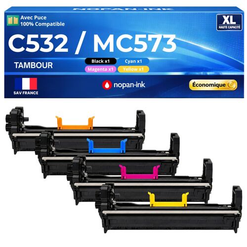 Pack 4 Tambours image 46484108 46484107 46484106 46484105 compatible pour Oki C532dn C542dn MC573dn Noir et Couleur Haute capacité avec puce 30000 pages