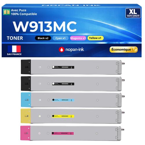 W9130MC W9130MC W9131MC W9132MC W9133MC pack 5 toners compatibles HP E78523dn E78528dn 2 Noirs et Couleurs haute capacité avec puce 110000 pages