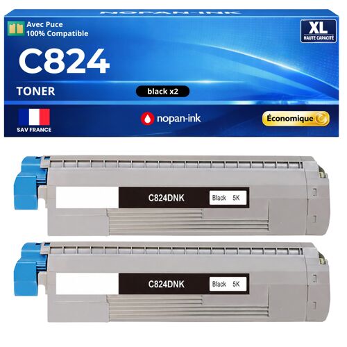 47095704 Pack 2 Toners compatibles pour OKI C824 XL C834 XL C844 XL C824n C824dn C834dnw C834nw C844dnw Noir avec puce 5000 pages