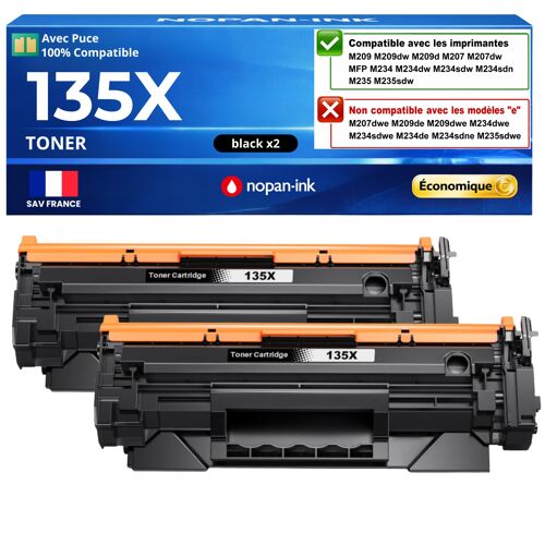 W1350X 135X 2 toners compatibles pour HP LaserJet M207dw M209dw MFP M234dw M234sdw Noir avec puce 2 x 2400 pages