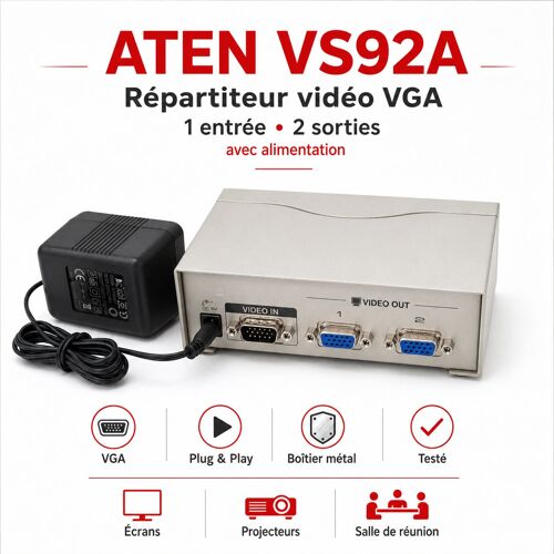 ATEN VS92A Répartiteur vidéo VGA 2 ports – 1 entrée / 2 sorties – avec alimentation