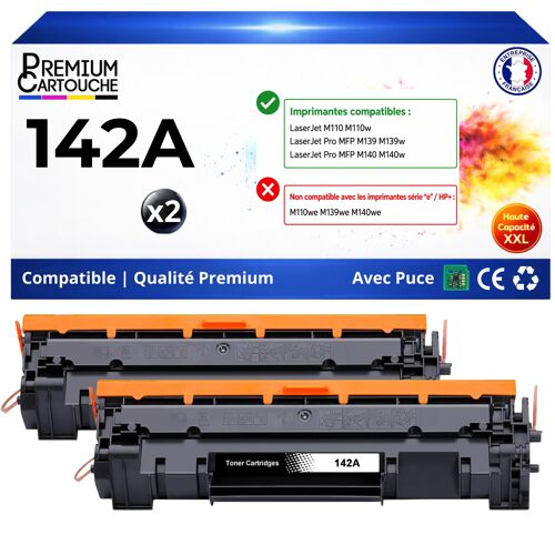 W1420A 142A 2 Toners Noir compatible pour HP LaserJet M109a M110w M112a MFP M139a M139w M140a M142w avec puce hors HP+