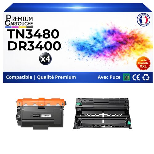 TN3480 TN3430 TN-3480 TN-3430 DR3400 DR-3400 Pack Toner Tambour compatibles Brother Noir avec puce 8000 et 30000 pages