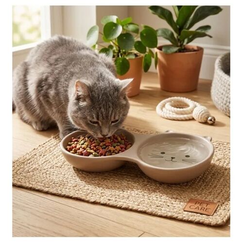 Gamelle 2 En 1 En Céramique Pour Chat 130 Ml Taupe