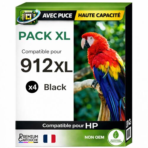 Pack 4 Cartouche 912XL 912 XL compatible pour HP OfficeJet 8010 8012 8015 Noir Haute capacité avec puce résistante 825 pages