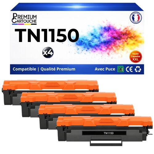 Pack 4 Toner TN1150 TN 1150 TN-1150 compatible pour Brother Noir Haute capacité avec puce 1000 pages