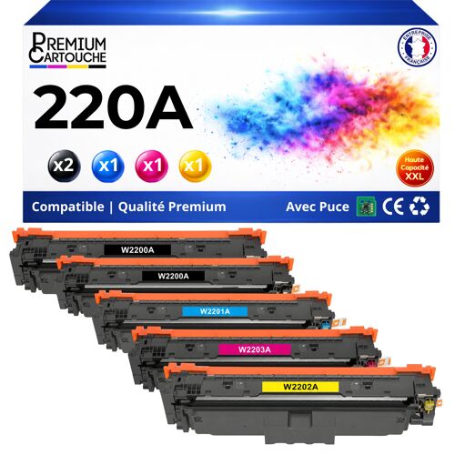 Pack 5 Toner W2200X W2201X W2202X W2203X compatible pour HP Noir Cyan Jaune Magenta Haute capacité avec puce