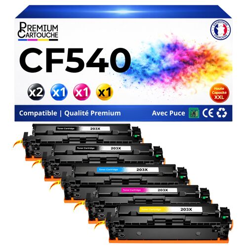 Pack 5 Toner 203A CF540A CF541A CF542A CF543A compatible pour HP M254 M280 M281 Noirs et Couleurs Haute capacité avec puce 1300 pages