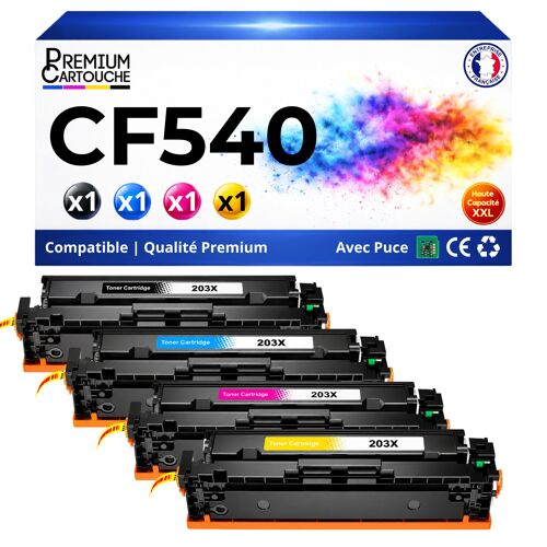 Pack 4 Toner 203A CF540A CF541A CF542A CF543A compatible pour HP M254 M280 M281 Noirs et Couleurs Haute capacité avec puce 1300 pages
