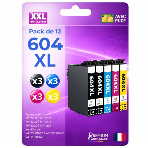 Pack de 12 Cartouches compatible pour Epson 604XL Noir et Couleurs Premium Cartouche