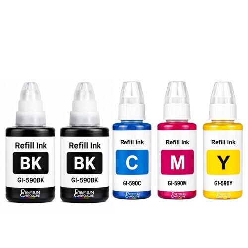 Pack 5 Recharge encre GI-590 GI-490 compatible pour Canon Pixma G1400 G1500 Noirs et Couleurs Haute capacité 7000 pages