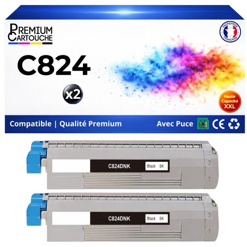 47095704 Pack 2 Toners compatibles pour OKI C824 XL C834 XL C844 XL C824n C824dn C834dnw C834nw C844dnw Noir avec puce 5000 pages