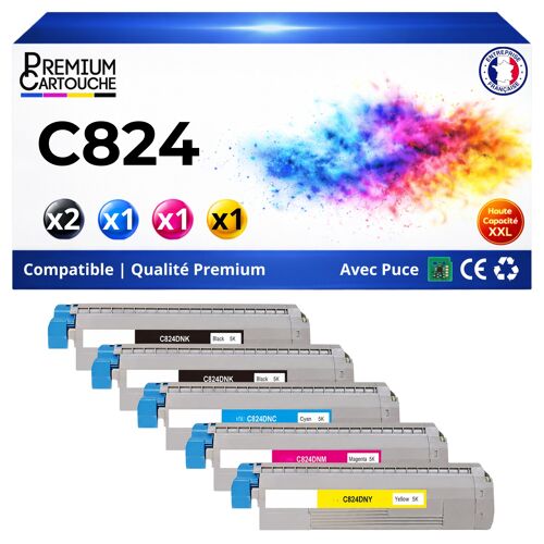 Pack 5 Toners compatibles 47095704 47095703 46861306 47095701 pour OKI C824 C834 C844 Noirs et Couleurs avec puce 25000 pages
