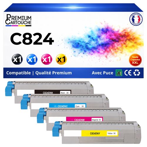 Pack 4 Toners compatibles 47095704 47095703 46861306 47095701 pour OKI C824 C834 C844 Noir Cyan Magenta Jaune avec puce