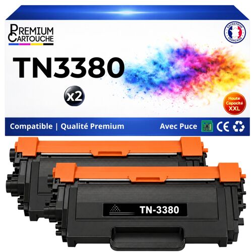 TN3380 TN3330 TN-3380 TN-3330 Pack 2 Toners compatibles Brother HL5440D HL5450DN HL5470DW HL6180DW MFC8510DN Noir avec puce
