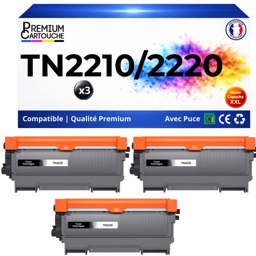 Pack 3 TN2220 TN2210 TN2010 TN450 Toners compatibles pour Brother HL2240 MFC7360 Noir avec puce rendement total 7800 pages