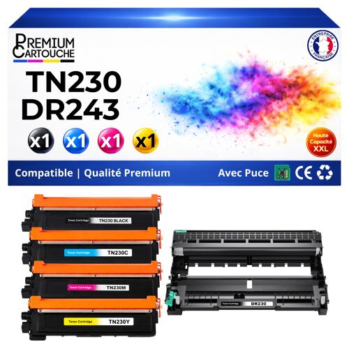 TN230 TN-230BK TN-230C TN-230M TN-230Y DR230 Pack 4 Toners avec Tambour compatibles Brother Noirs et Couleurs avec puce 15000 pages