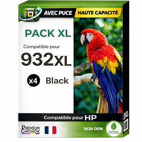 Pack 4 Cartouches 932XL 932 XL compatible pour HP OfficeJet 6100 6600 6700 Noir Haute capacité avec puce 1000 pages