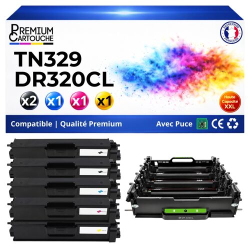 TN329 TN-329 DR320CL Pack 5 4 Toners plus 1 Tambour Noir Cyan Magenta Jaune compatibles Brother avec puce 39500 pages
