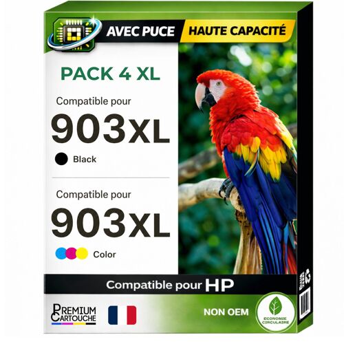 Pack 4 Cartouches 903XL 903 XL Couleur compatible pour HP OfficeJet Pro 6960 6970 Haute capacité avec puce résistante aux mises à niveau