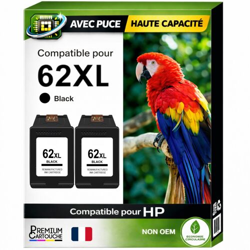Pack 2 Cartouche 62XL 62 XL C2P04AE C2P05AE compatible pour HP Noir Haute capacité avec puce 600 pages