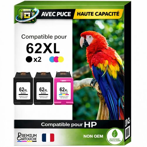 Pack 3 Cartouche 62XL 62 XL C2P04AE C2P06AE compatible pour HP Noir Couleur Haute capacité avec puce