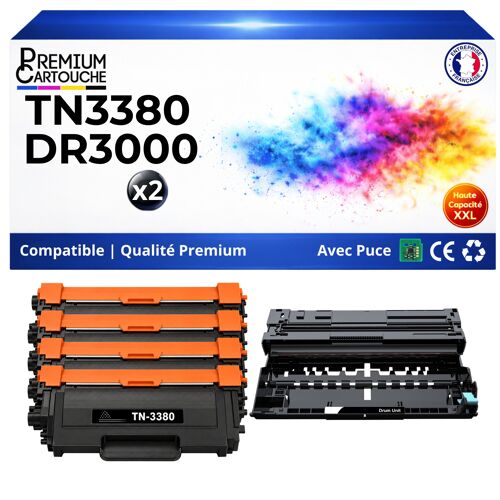 TN-3380 TN3380 TN-3330 TN3330 Pack 4 Toners avec DR-3300 DR3300 Tambour compatible pour Brother Noir Haute Capacité avec puce