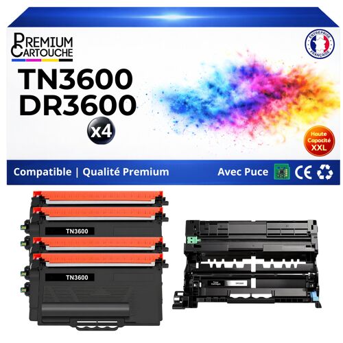 Pack 4 TN3600XL + DR3600 compatible Brother HL-L5210DN MFC-L5710DW noir haute capacité 24000 pages
