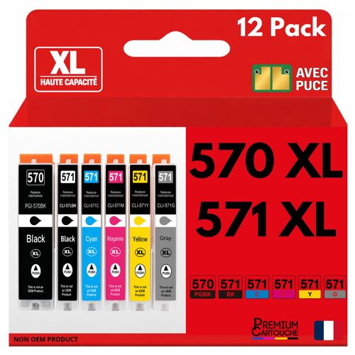 Pack 12 Cartouche CLI-571XL CLI 571XL compatible pour Canon Pixma MG5751 TS8050 Couleurs Haute capacité avec puce