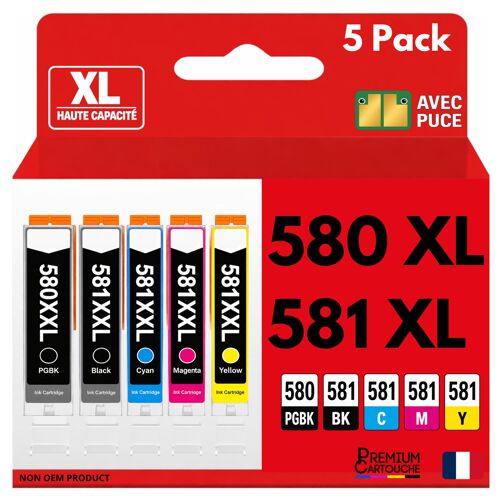 Pack 5 Cartouche CLI-581XXL CLI 581 XXL compatible pour Canon Multicolore Haute capacité avec puce