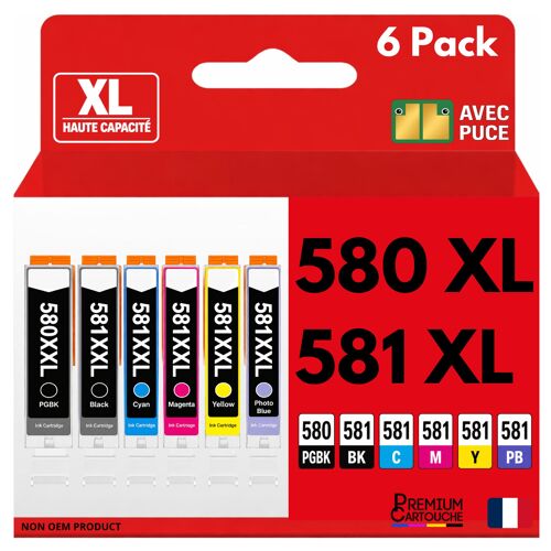 Pack 6 Cartouche CLI-581XXL CLI 581 XXL compatible pour Canon Multicolore Haute capacité avec puce