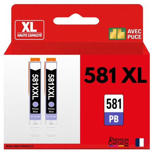Pack 2 Cartouche CLI-581XXL CLI 581 XXL compatible pour Canon Bleu Photo Haute capacité avec puce 9140 pages