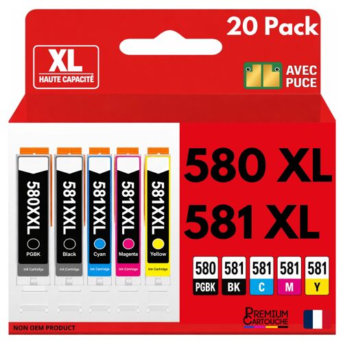 Pack 20 Cartouche CLI-581XXL CLI 581 XXL compatible pour Canon Multicolore Haute capacité avec puce