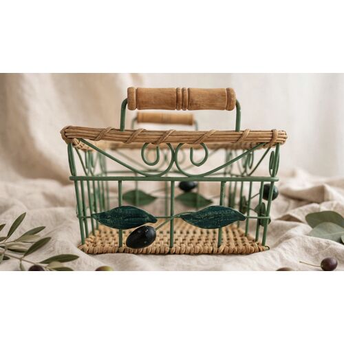 🌿 Corbeille provençale Métal & osier motifs olives Déco cuisine champêtre