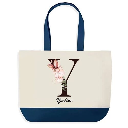 Sac shopping fond bleu Yveline Lettre Fleur Cadeau Anniversaire Noël | Design Graphique Grand Sac Courses Cabas