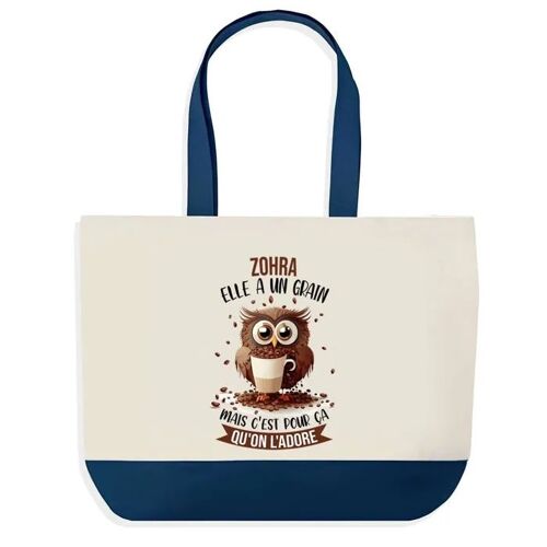 Sac shopping fond bleu Zohra Chouette Grain Cadeau Anniversaire Noël | Design Graphique Grand Sac Courses Cabas