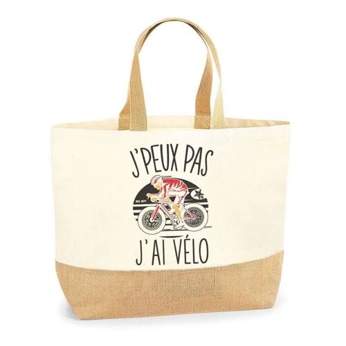 Sac cyclisme vélo J'peux pas | Cabas de Plage Courses Coton et Toile de Jute Idée Cadeau