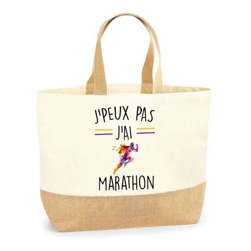 Sac Marathon jaune violet J'peux pas | Cabas de Plage Courses Coton et Toile de Jute Idée Cadeau