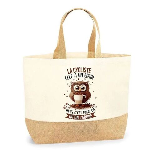Sac La Cycliste Chouette grain | Cabas de Plage Courses Coton et Toile de Jute Idée Cadeau Femme
