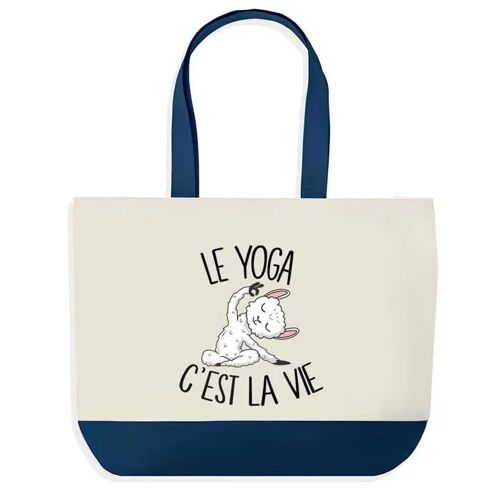 Sac shopping fond bleu Yoga c'est la Vie Cadeau Anniversaire Noël | Design Graphique Grand Sac Courses Cabas