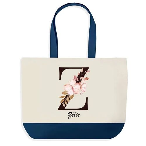 Sac shopping fond bleu Zélie Lettre Fleur Cadeau Anniversaire Noël | Design Graphique Grand Sac Courses Cabas