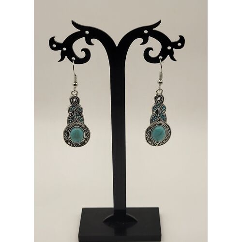 Boucles D'Oreilles Longues Argente Pierre Turquoise Tibetaine