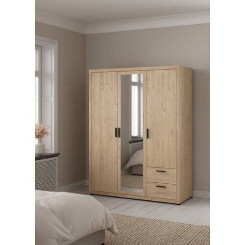 Armoire chambre MIRA chêne clair 3 portes avec miroir 2 tiroirs 200,9 cm