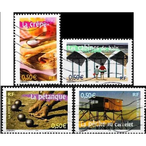 France 2003, Portraits De Régions, Beaux Exemplaires Yvert 3559 Les Cabines De Bain, 3560 La Pêche Au Carrelet, 3564 La Pétanque, 3566 Les Crêpes, Oblitérés, Tbe